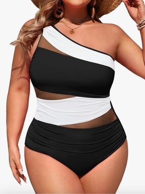 NWT Aqua Eve Plus Size One Piece Tummy Control One Shoulder Swimwear SZ 16W